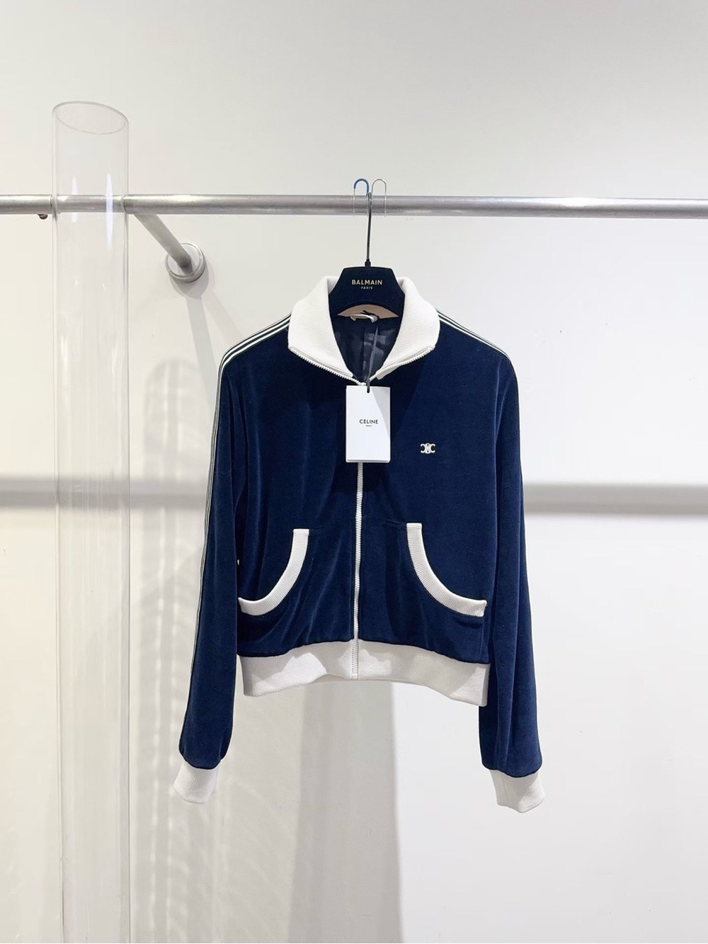 Celine Navy and White Velour Bomber Jacket